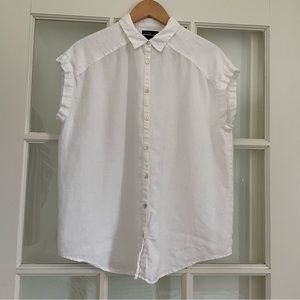 Tahari organic linen button up solid white short sleeve boxy relaxed fit top S